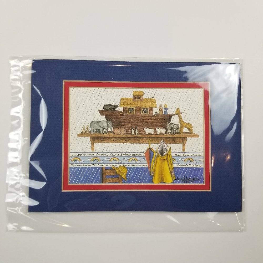 Julie Hammer Noah's Ark 5x7 Blue & Red Matted Print NWOT